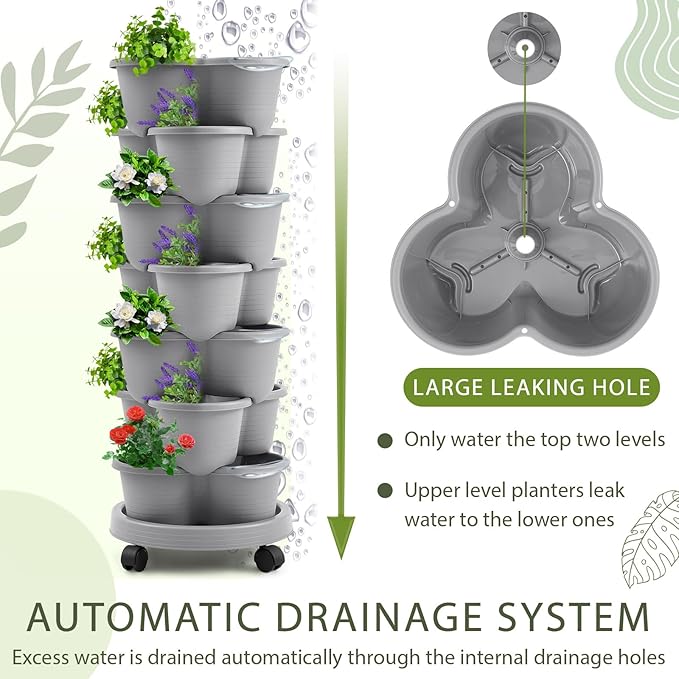 Umigy 2 Set Light Gray 7 Tier Stackable Vertical Planters with Removable Wheels and Tools Tower Planters Strawberry Herb Flower Vegetable Pots Indoor Outdoor Gardening Pots