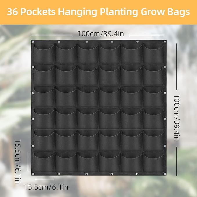 Hanging Planting Grow Bags, 36 Pockets Hanging Vertical Wall Planter Wall Mounted Grow Bag Outdoor Indoor Gardening Vertical Greening Flower Container, Planting Bags Storage Bags(1.0 m × 1.0 m, Black)