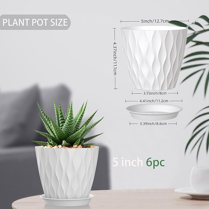 5 Inch Planter Pots, 6 Pack Indoor Planters, Small Flower Pots with Drainage Holes and Tray for Succulents, Orchids, Herbs and Other Indoor Plants (White, 5inch)