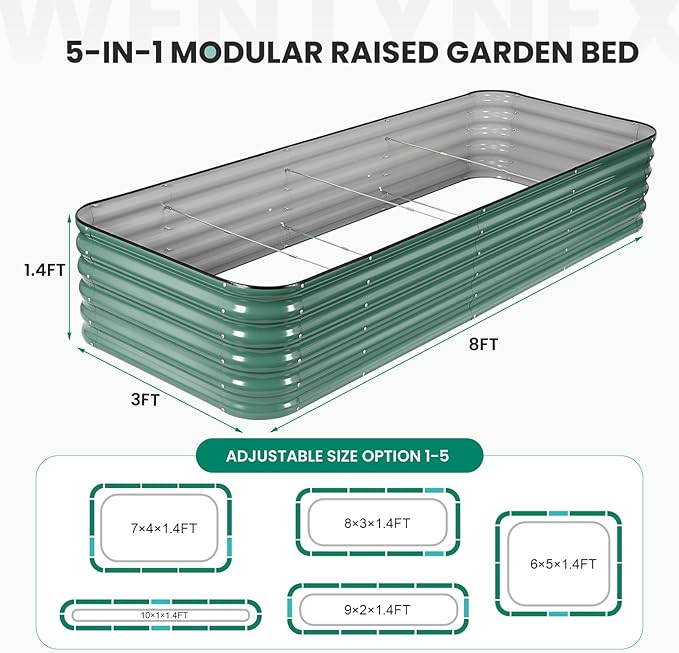 8×3×1.4FT Galvanized Raised Garden Bed Outdoor, Metal Raised Garden Bed Kit, Large Planter Raised Beds, 5 In1 Modular Raised Planter Box Outdoor,Raised Beds for Gardening for Vegetables Flowers Herbs