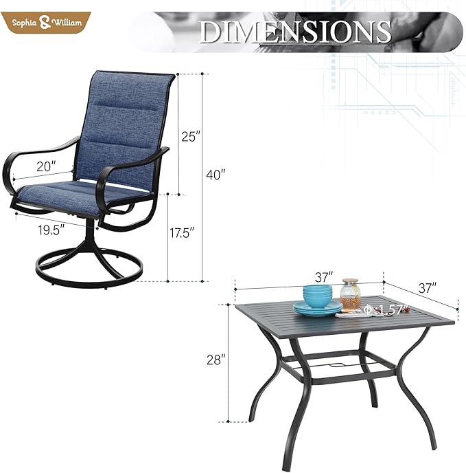 Sophia & William Outdoor Patio Dining Set 5 Pieces, 4 x Textilene Swivel Patio Chairs with Padded and 37" Square Metal Dining Table, Outdoor Table and Chair Set for Lawn Garden (Blue)
