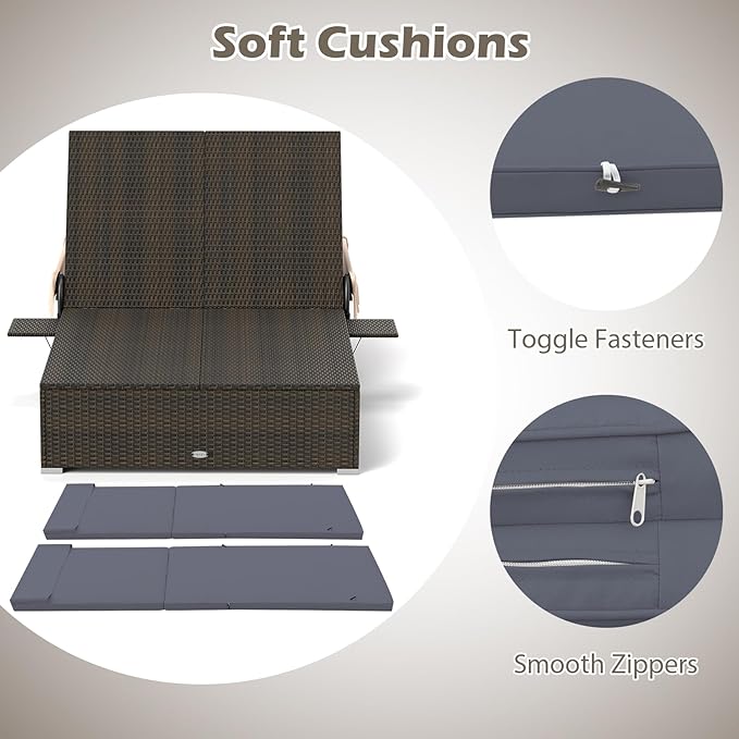 RELAX4LIFE Outdoor Rattan Daybed w/Canopy - Wicker Double Chaise Lounge w/6-Position Backrest, Folding Side Trays & Cushion, 2-Seater Loveseat Sunbed for Backyard, Patio Rattan Bed Lounger (Gray)