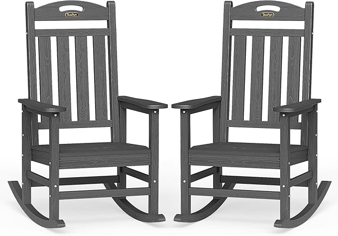 Oversized Outdoor Rocking Chairs Set of 2, High Back Porch Rocking Chair, HDPE All Weather Resistant Rocking Chairs for Patio, 380lbs Weight Capacity, Dark Grey