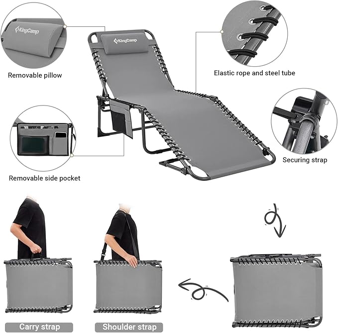 KingCamp Lounge Chair Outdoor, Folding Tanning Chairs Comfy Adjustable 5-Position Lay Flat Foldable Chaise Chaser Lounger with Pillow for Outside Beach Patio Sun Bathing Pool Backyard, Grey