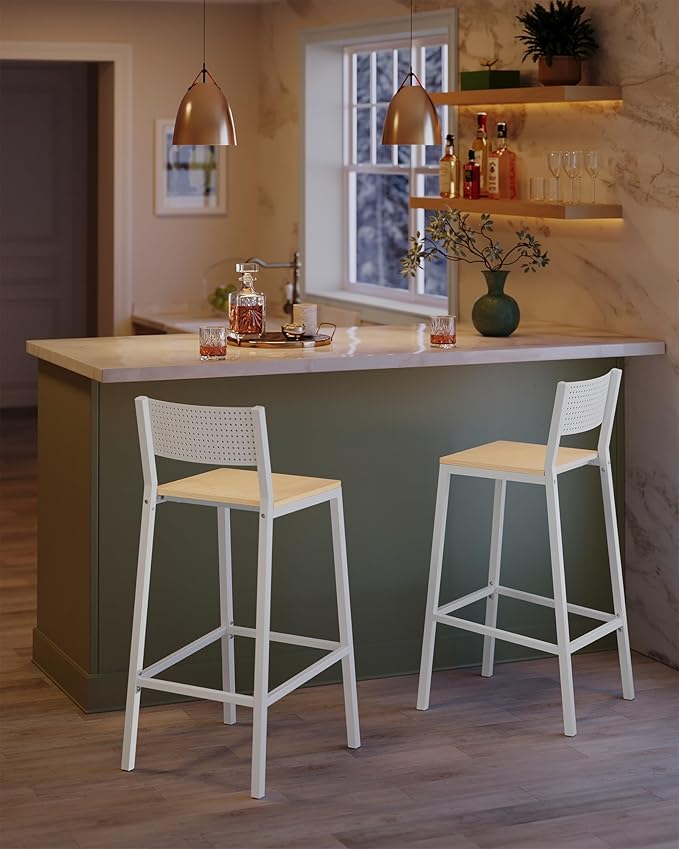 VASAGLE Bar Stool Set of 2, Bar Chairs for Kitchen, Dining Room, Industrial, Oak Beige and White ULBC070W09