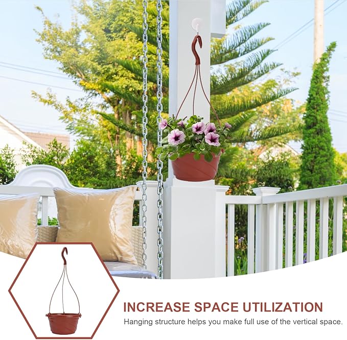 DOITOOL 10 Pack Hanging Plastic Pots for Plants with Hook, Garden Flower Plant Pot Container Baskets Hanging Nursery Planter Holder for Indoor Outdoor Garden Decor (Brown, 6.7 Inch)