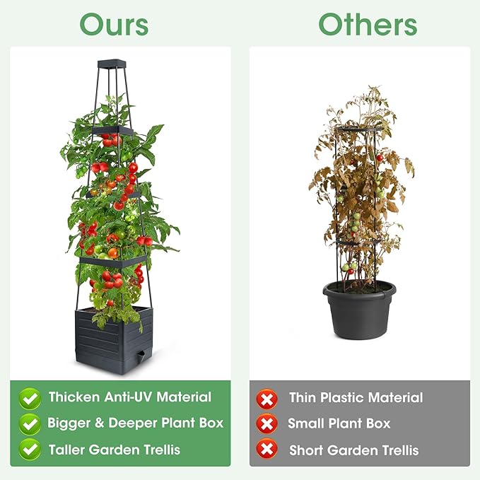MQUPIN Tomato Planter Box with Trellis for Garden, 57 Inch Self-Watering Raised Garden Bed, Patio Tomato Cage for Climbing Vegetables & Flowers, Upgraded Tomato Pot for Indoor Outdoor Use(1 Pack)