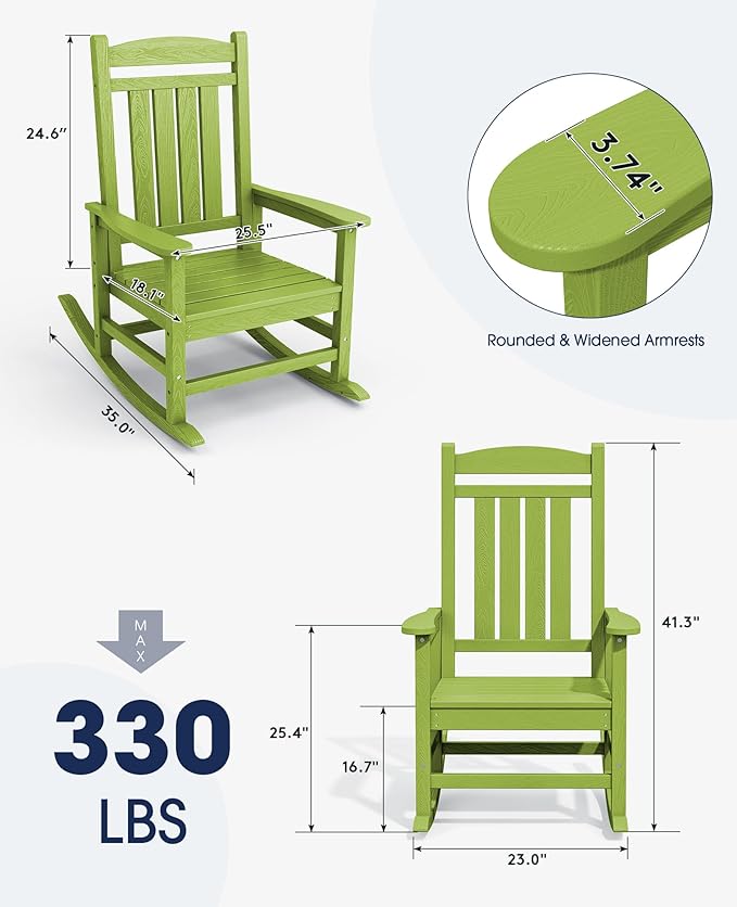 KINGYES HDPE Outdoor Rocking Chair Set of 4, All-Weather Poly Patio Rocking Chairs with 330lbs Support for Adults, Pistachio Green