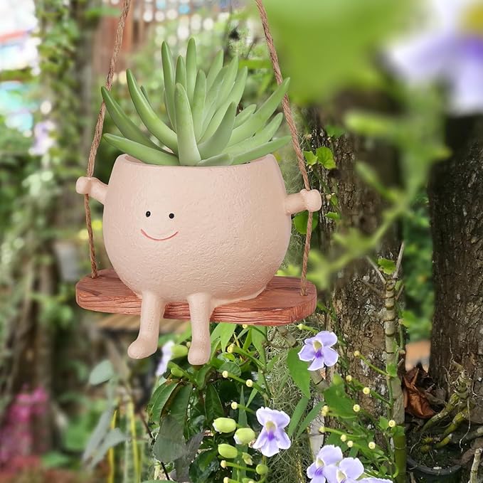AFFLAT Smiley Face Flower Pot,Swinging Hanging Planter,Resin Smiley Face Hanging Pot,Cute Swinging Planter with Unique Design,Suitable for Indoor & Outdoor Decoration,an Ideal Gift for Festivals