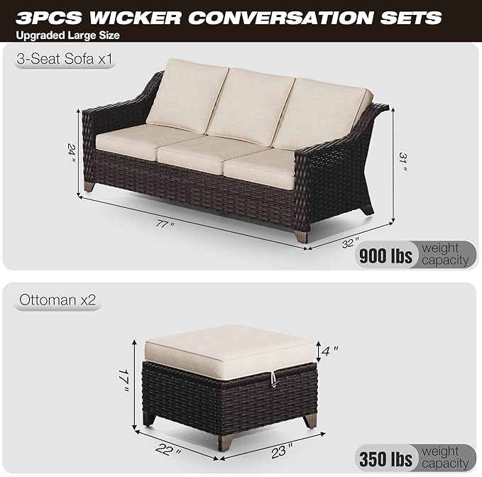 Joyside Patio Furniture Set, 3 Pieces Outdoor Wicker High Back Sofa with Ottoman and Comfy Cushions, Upgraded Large Size, All Weather High Back Conversation Set, (Brown/Beige)