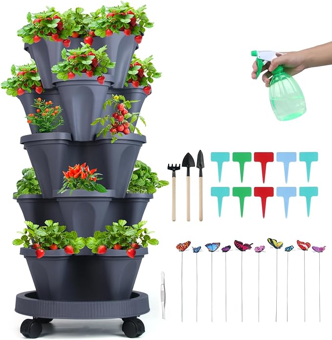 GameXcel Vertical Planter, 5 Tier Stackable Strawberry Planter with Garden Tool Set, Movable Indoor/Outdoor Garden Herb Pot for Growing Vegetables and Succulents, Dark Gray