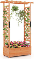 Giantex Raised Garden Bed with Trellis & Hanging Roof, Wood Planter Box with Bottom and Drainage Holes, Freestanding Garden Planter for Flower Vegetable Fruit Herb Climbing Vines, 43.5"x17.5"x72"