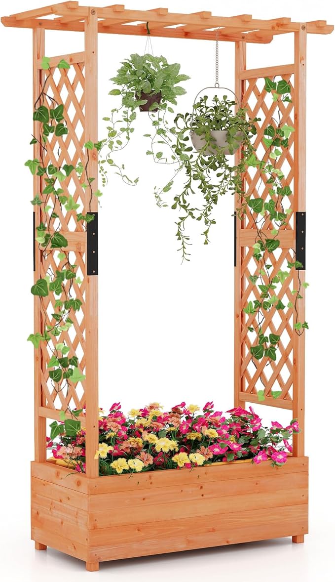 Giantex Raised Garden Bed with Trellis & Hanging Roof, Wood Planter Box with Bottom and Drainage Holes, Freestanding Garden Planter for Flower Vegetable Fruit Herb Climbing Vines, 43.5"x17.5"x72"