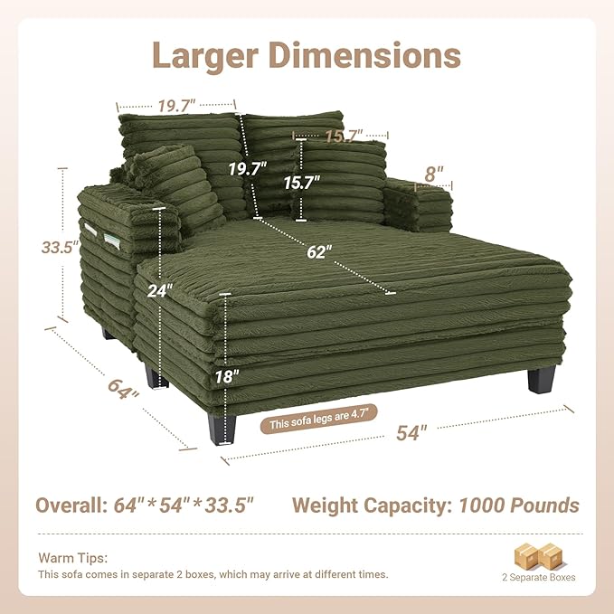 64" Chaise Lounge Chair Indoor, Oversized Sleeper Chair with Wood Frame, Upholstered Sofa Bed for Living Room, Movie Room, Bedroom with 4 Storage Pockets&2 Cup Holders(Plush Corduroy, Green)