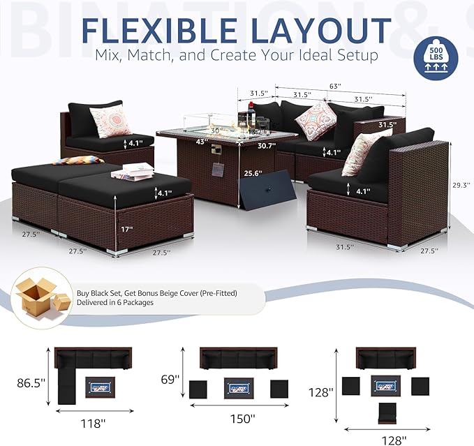 NICESOUL 29.3'' High Back Patio Set with Firepit Propane & Natural Gas, 7 Piece Oversized Large Wicker Outdoor Sectional Couche Sets, Heavy Duty Backyard Furniture, Brown Rattan and Black Cushion