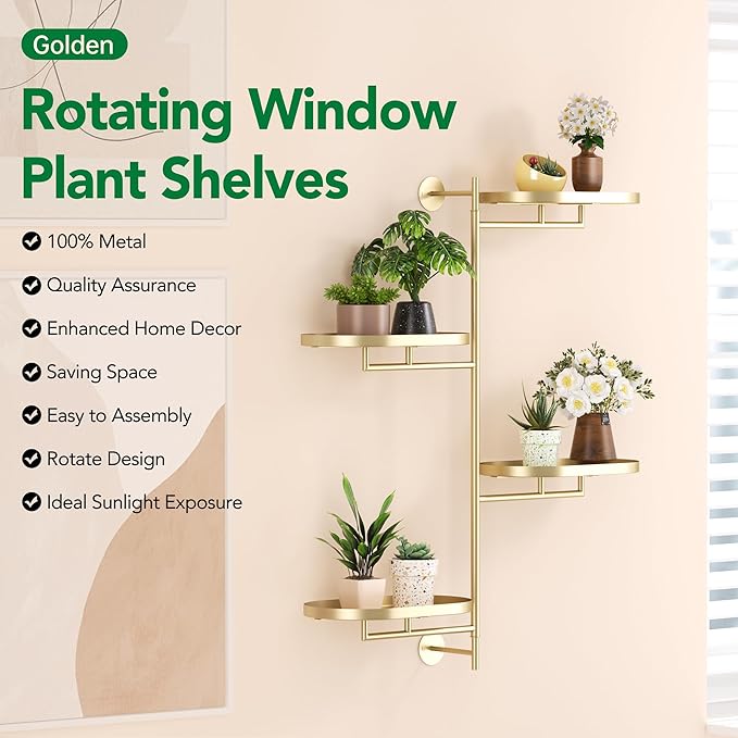 Rotating Window Shelves for Multiple Plants Indoor,4-tier Metal Corner golden Plant Stand Holder Floating Hanger Shelf for Wall，Windows Sill Gifts for Planter Lover to Enhance Home Decor