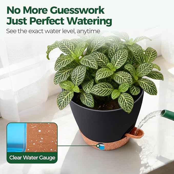 T4U 2 Pack 8 Inch Self Watering Pots - Water Level Indicator & Deep Reservoir, Mess-Free Planter for Busy People, Beginners & Gardeners, Pothos/Herbs/Snake Plants, Indoor Outdoor Use (Black)