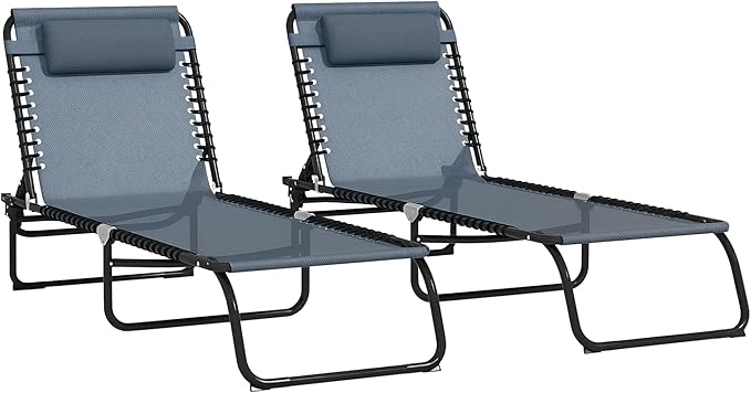 Outsunny Folding Chaise Lounge Chair Set of 2, Patio Sun Tanning Chair, Outdoor Chaise Lounger with 4-Position Reclining Back, Breathable Mesh Seat for Beach, Poolside, Gray