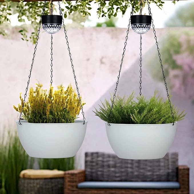 SUNNYPARK 2 Packs Hanging Planters Basket for Outdoor Plants, Solar Powered Self Watering White Round Plastic Flower Pots with Drainer for Balcony Patio Garden Outdoor Decoration