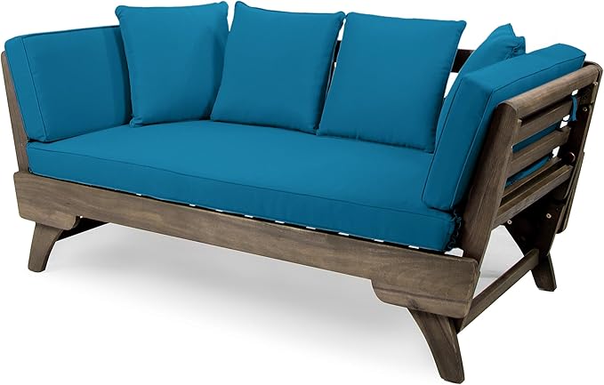 Merax Outdoor Patio Daybed Sofa,3-Seat Sofa with Foldable Arm 4 Back Pillows,Teak Acacia Wood Frame Beige Removable Cushion,Grey+Teal