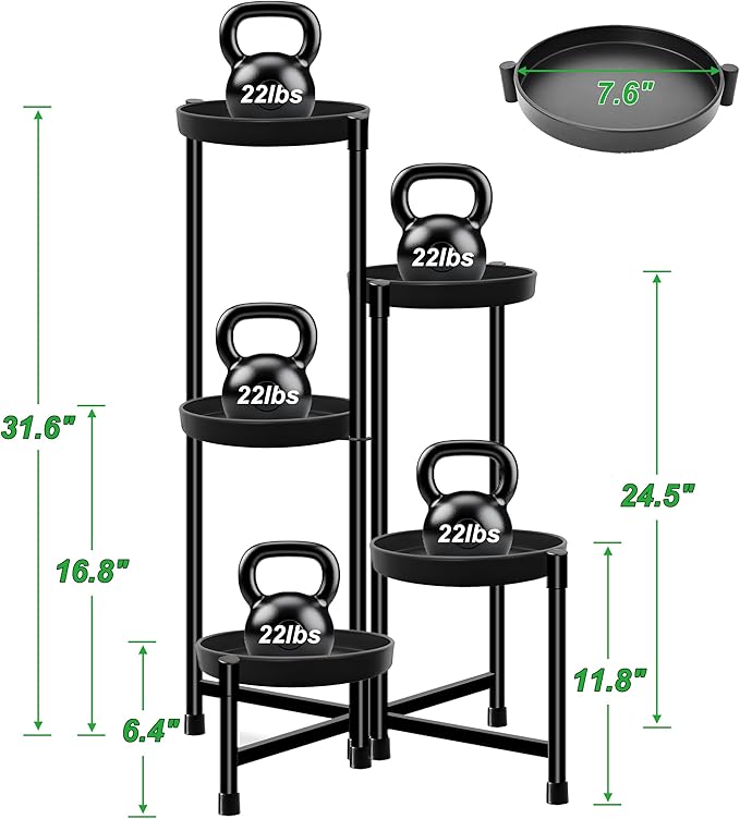 CASIMR Plant Stand Indoor Outdoor, Tall Black Metal Rustproof Stable Plant Stands, 5 Tier 31.6 inch Foldable Multiple Plants Rack Holder Rack Flower Pot Stand Heavy Duty Plant Shelf, Black
