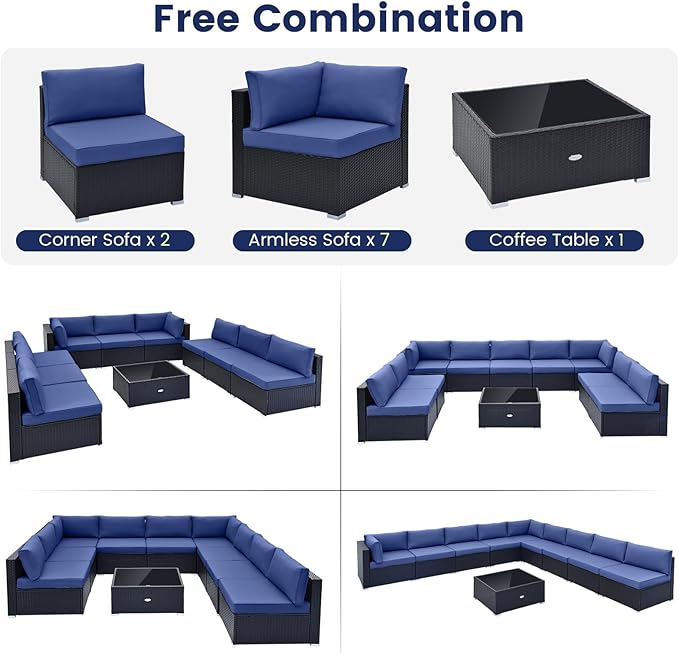 Tangkula 10 Pieces Patio Sofa Set, Outdoor Wicker Conversation Set with Soft Cushions, Tempered Glass Tabletop, Sofa Fastener Clips Included, Rattan Furniture Set for Backyard, Poolside (Navy)