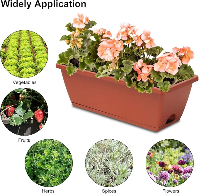 Window Box Planter, 6 Packs 17 Inches Rectangle Planters Box with Drainage Holes and Trays, Vegetable Planters for Windowsill Patio Garden Home Decor Porch Yard Red