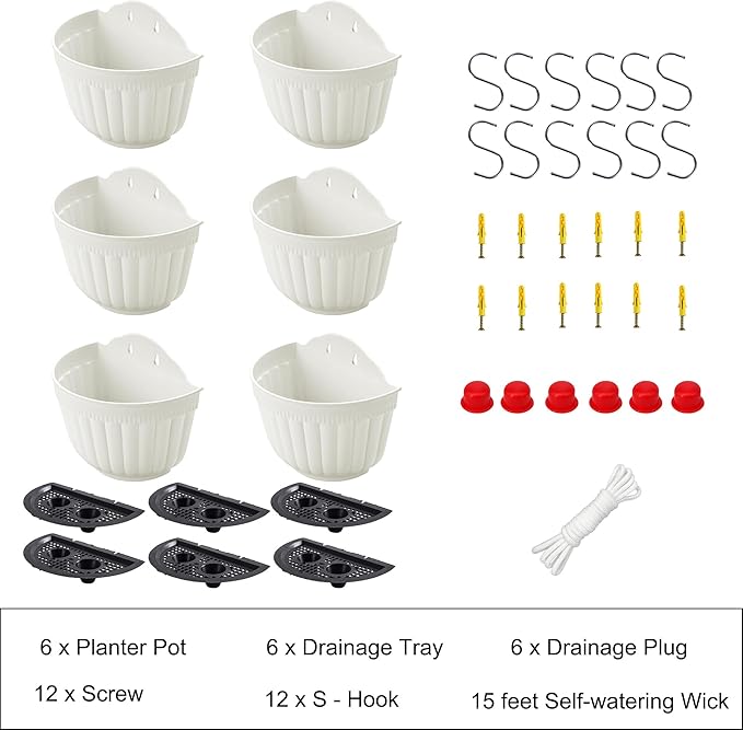 ORIMERC 6 Pcs Plastic Large Wall Plant Pots Vertical Garden Living Wall Mounted Window Hanging Basket Fence Planters Indoor Outdoor for Plants Flowers Kitchen Herbs Holder with Drainage Decor White