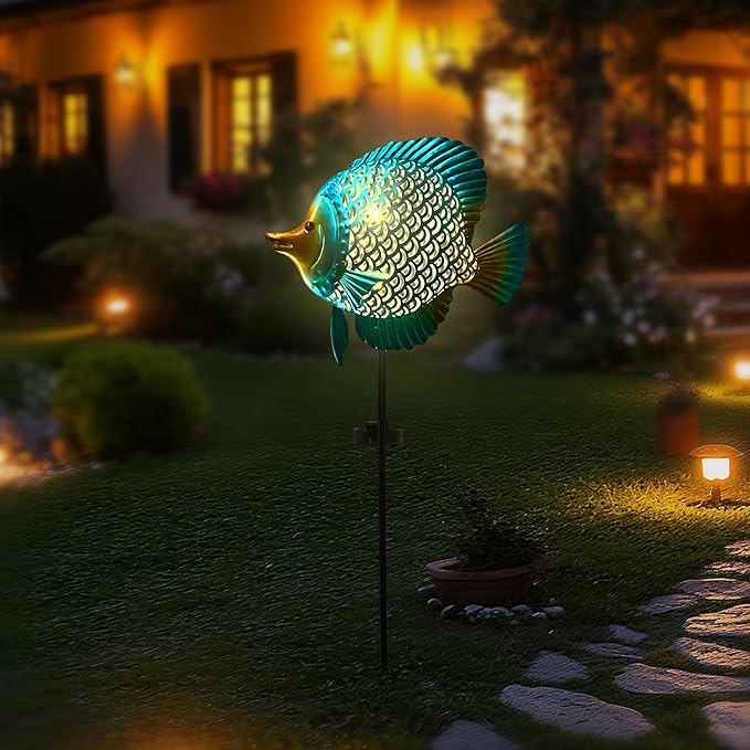 HONGLAND Outdoor Fish Solar Garden Lights with LED Light, Metal Fish Design Waterproof Solar Garden Decorative Stake for Lawn, Yard, Patio, Landscape Decoration
