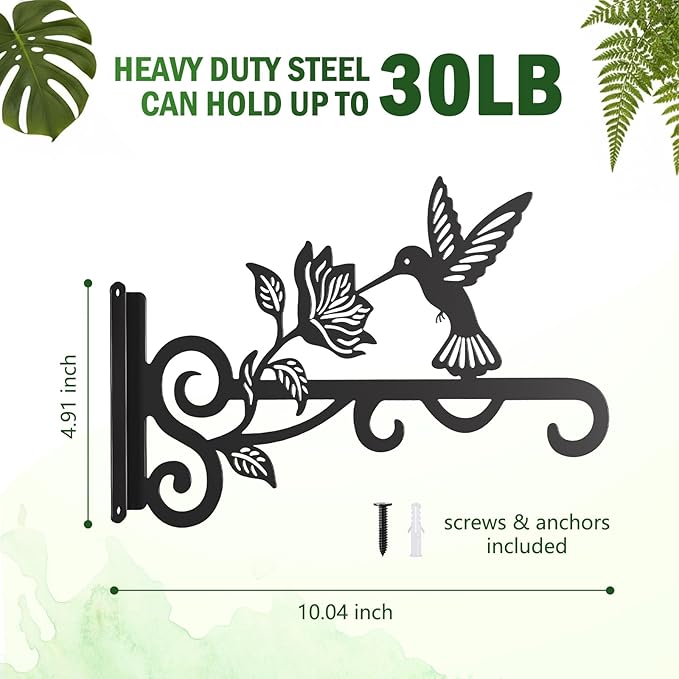 4-Pack Aesthetic Plant Hangers Outdoor – 10 Inch Metal Hanging Plant Bracket with Beautiful Hummingbird Pattern – Anti Rust Plant Hooks for Hanging Plants, Bird Feeder, Windchime, Lantern