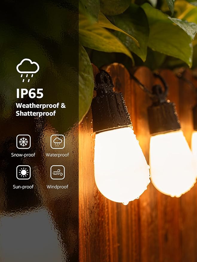 Lepro ZB1 AI Smart Outdoor String Lights APP Control, 54(42+12) ft RGB+IC+Warm White Outdoor Lights 15 LED Bulbs, Alexa Google Home Enable, AI Generated Lighting LLM, NO Remote 2.4 GHz WiFi+Bluetooth