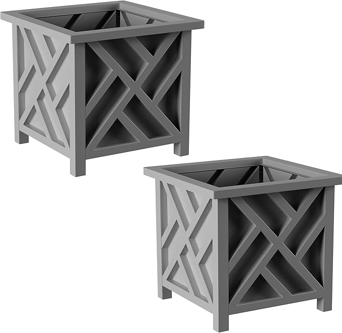 Lattice Design Outdoor Planter Box 2-Pack - 14.75” Square 13” Tall Gray Decorative Plant Pots for Front Porch Decor - Flower Pots Outdoor Planters for Porch Patio or Garden Decor by Pure Garden