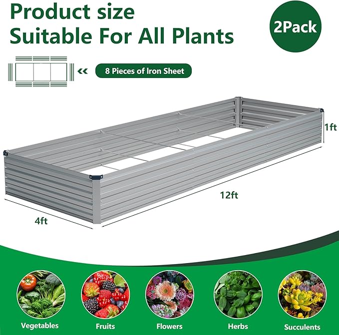 Vengarus 2 Pack 12x4x1FT Galvanized Raised Garden Bed Kit, Outdoor Metal Planter Box for Vegetables, Rectangular Steel Container, Easy Assembly (Sliver)