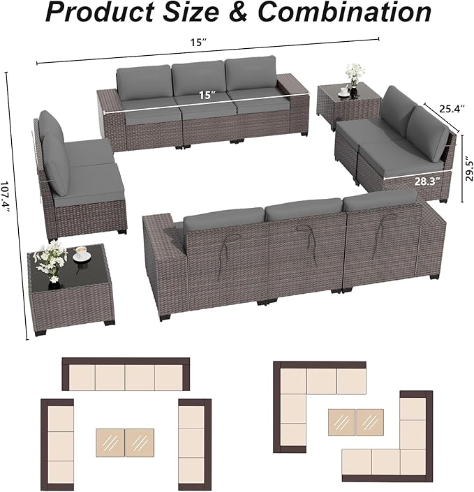 ALAULM 12 Pieces Outdoor Patio Furniture Set Sectional Sofa Sets Brown PE Rattan Patio Conversation Set w/10 Grey Seat Cushions and 2 Coffee Tables