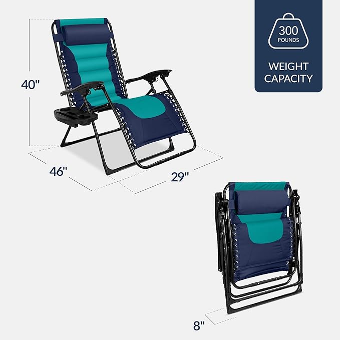 Best Choice Products Oversized Padded Zero Gravity Chair, Folding Outdoor Patio Recliner, XL Anti Gravity Lounger for Backyard w/Headrest, Cup Holder, Side Tray, Polyester Mesh - Navy/Teal