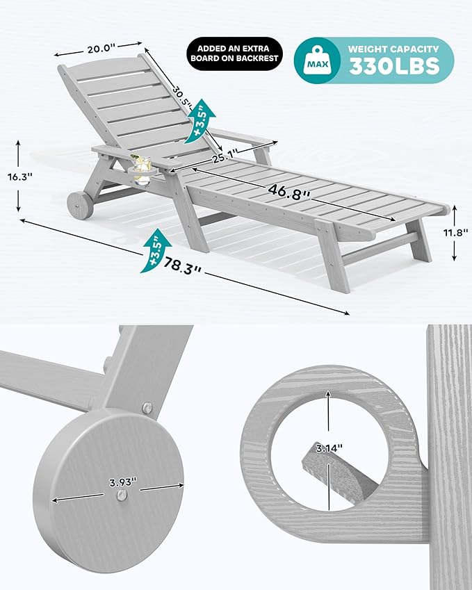 SERWALL Patio Chaise Lounge Chair, 78'' Long HDPE 5 Positions Adjustable Outdoor Lounger, Poly Lounge Chair with Rolling Wheels & Cup Holder for Pool, Space Gray