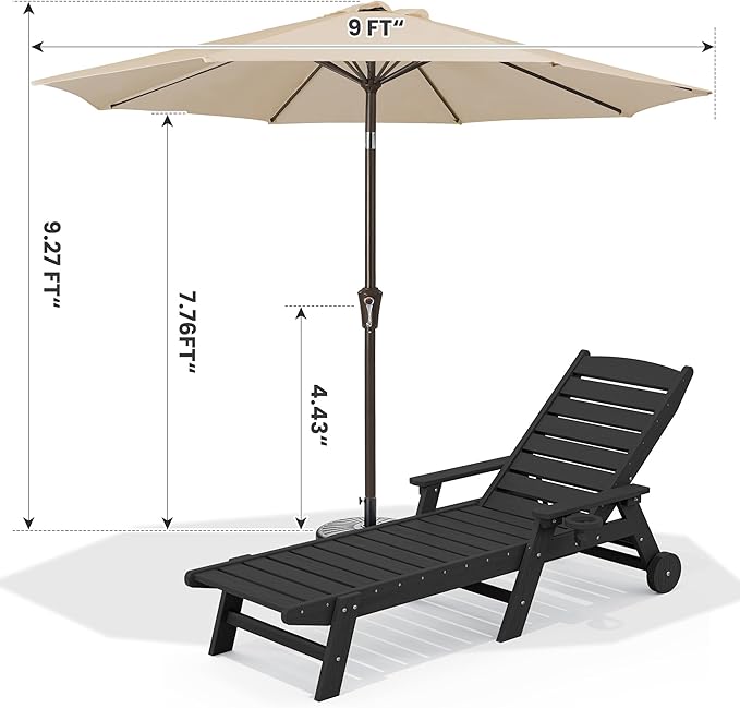 SERWALL Patio Chaise Lounge Chair Set of 2 with 9FT Patio Umbrella, 78'' HDPE Outdoor Lounger, Poly Lounge Chair with Rolling Wheels & Cup Holder for Pool,Obsidian Black (Umbreall Base not Included)