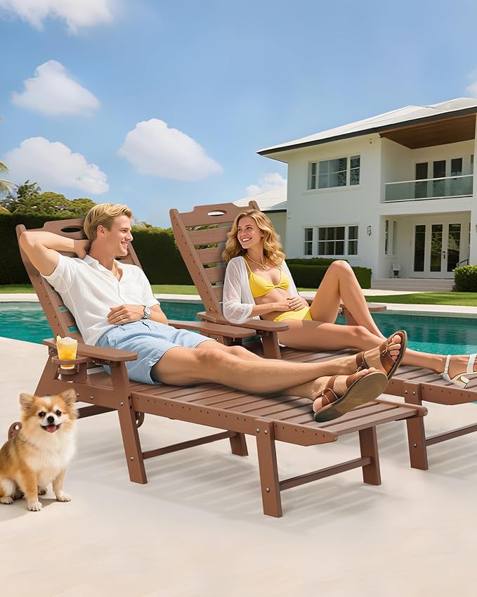 Carauci Lounge Chair Outdoor Set of 4, HDPE Chaise Lounge with Wheels, 5-Position Adjustable Backrest & 2 Cup Holders Patio Lounge Chair, All-Weather Pool Sun Lounger for Poolside, Backyard, Teak