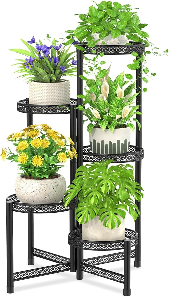 iDavosic.ly Plant Stand Indoor Outdoor, 5 Tier Corner Metal Flower Display Holder Shelf, Easy Assembly Folding Tall Orchid Rack for Patio Balcony Porch Garden Living Room House, Wrought Iron - Modern Black