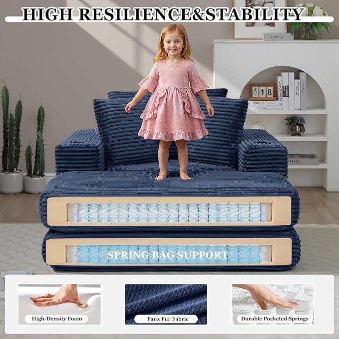 HANXIN 62" Chaise Lounge Chair Indoor, Oversized Corduroy Boneless Convertible Chaise Lounge Couch Sleeper Chair with Ottoman, Deep Seat Reading Chair, No Assembly Required (Blue)