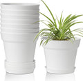 T4U 6 Inch Plant Pot 8-Pack, Plastic Planter with Drainage Hole and Saucer, Decorative Nursery Pots Bulk for African Violet, Snake Plant, Succulent, Herb and Plants Indoor (8 Pcs 6" Pots, White)