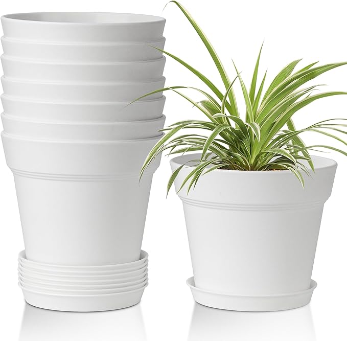 T4U 6 Inch Plant Pot 8-Pack, Plastic Planter with Drainage Hole and Saucer, Decorative Nursery Pots Bulk for African Violet, Snake Plant, Succulent, Herb and Plants Indoor (8 Pcs 6" Pots, White)