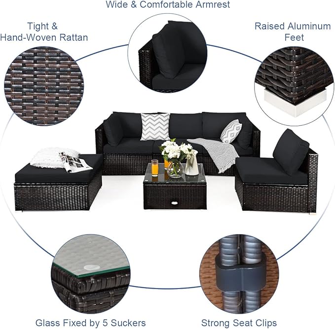 Tangkula 6 Piece Patio Furniture Set, Outdoor Deck Lawn Backyard Durable Steel Frame PE Rattan Wicker Sectional Sofa Set, Conversation Set with Coffee Table (Black)
