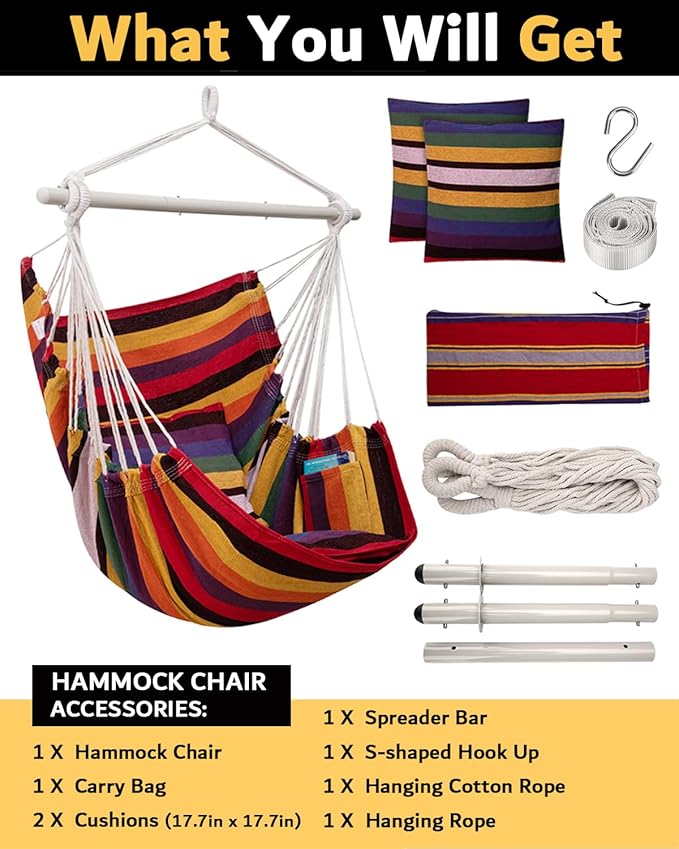 MIZTLI Hammock Chair Hanging Chair Swing Chair Hanging Chair for Bedroom Indoor Outdoor- Max 500 Lbs－Steel Spreader Bar with Anti-Slip Rings, 2 Cushions