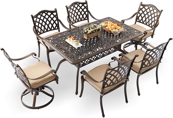 7-Piece Cast Aluminum Patio Furniture, Patio Dining Set for 6 Include 59" Rectangular Outdoor Dining Table, 4 Stackable Chairs & 2 Swivel Chairs with Cushions & Umbrella Hole(Bronze)