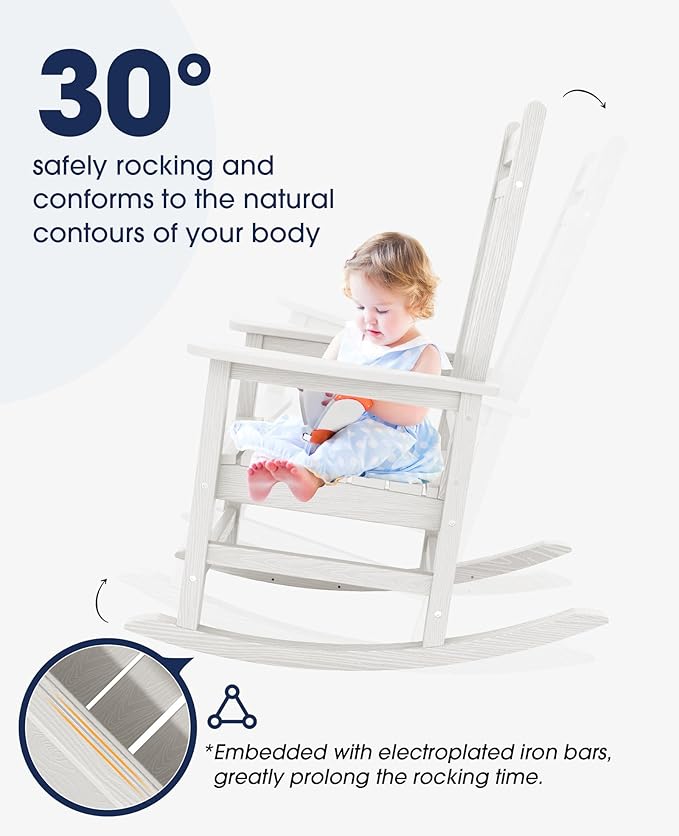 KINGYES Oversized Outdoor Rocking Chair Set of 4, All-Weather Patio Rocking Chairs for Porch, HDPE Outdoor Patio Rockers with High Back & Wide Seat for Garden, Lawn, White