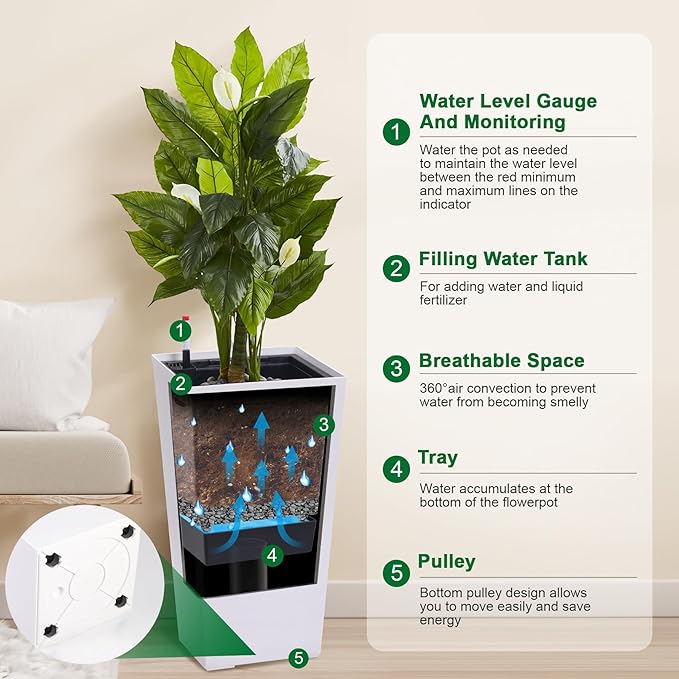 Garvee 30" Tall Planters Set of 2, Outdoor＆Indoor Black Planter Pots, High Front Porch Planter Pots with Drainage Holes＆Water Level Monitor＆Inner Bucket,White