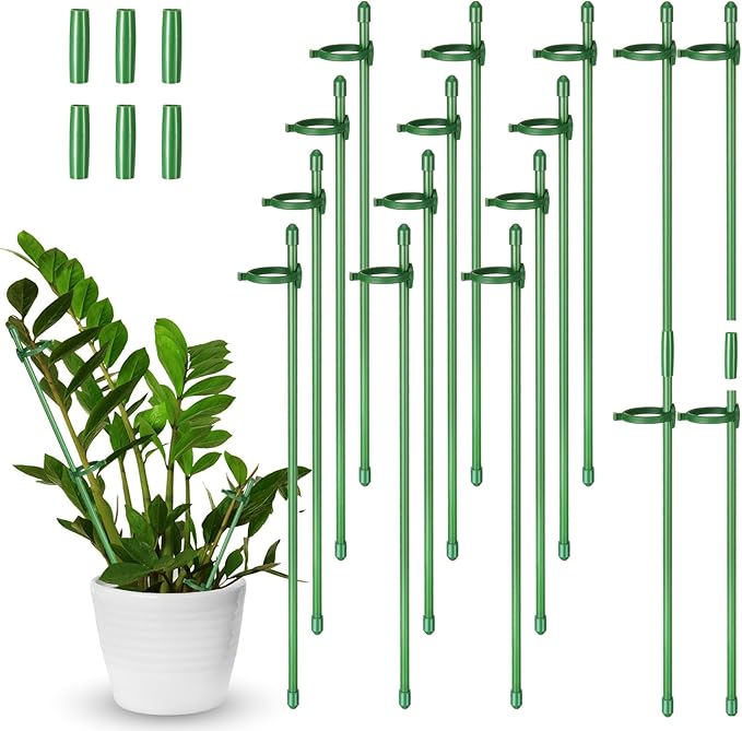 meekoo 12 Pcs Adjustable Garden Plant Support Stakes Single Stem Plant Cage Support Rings with Clips and Connect Pipe for Orchid Rose Tomato, 12 Inch (Green)