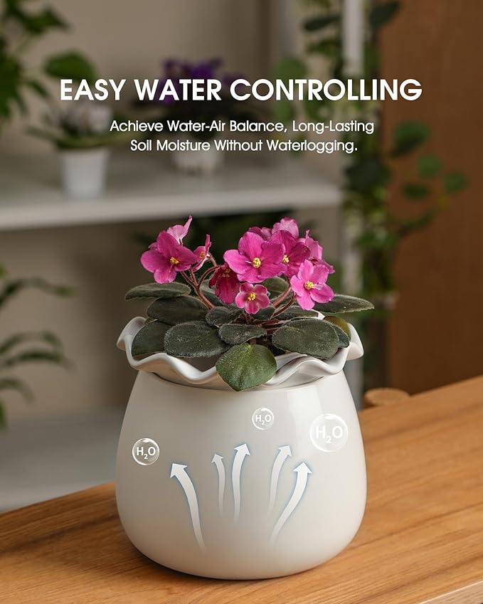 Self Watering Plant Pot, 6 Inch African Violet Pots Maintenance, Ceramic Self-Watering Planter for Indoor Plants - Ideal Flower Pot for Thriving Indoor Gardens, White