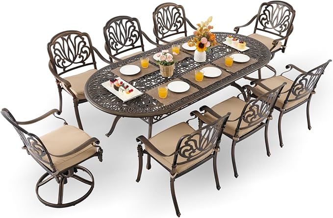 9-Piece Cast Aluminum Patio Furniture, Outdoor Dining Sets for 8 Include 87" Oval Patio Dining Table, 6 Stackable Chairs & 2 Swivel Chairs with Cushions & Umbrella Hole(Bronze)